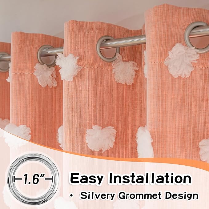 MYSKY HOME Nursery Curtains for Girl Bedroom Orange Curtains 72 Inches Long Pom Pom White Sheer Curtains for Kids Room Double Layer Toddler Bedroom Grommet Room Darkening Window Panels 52 x 72 in