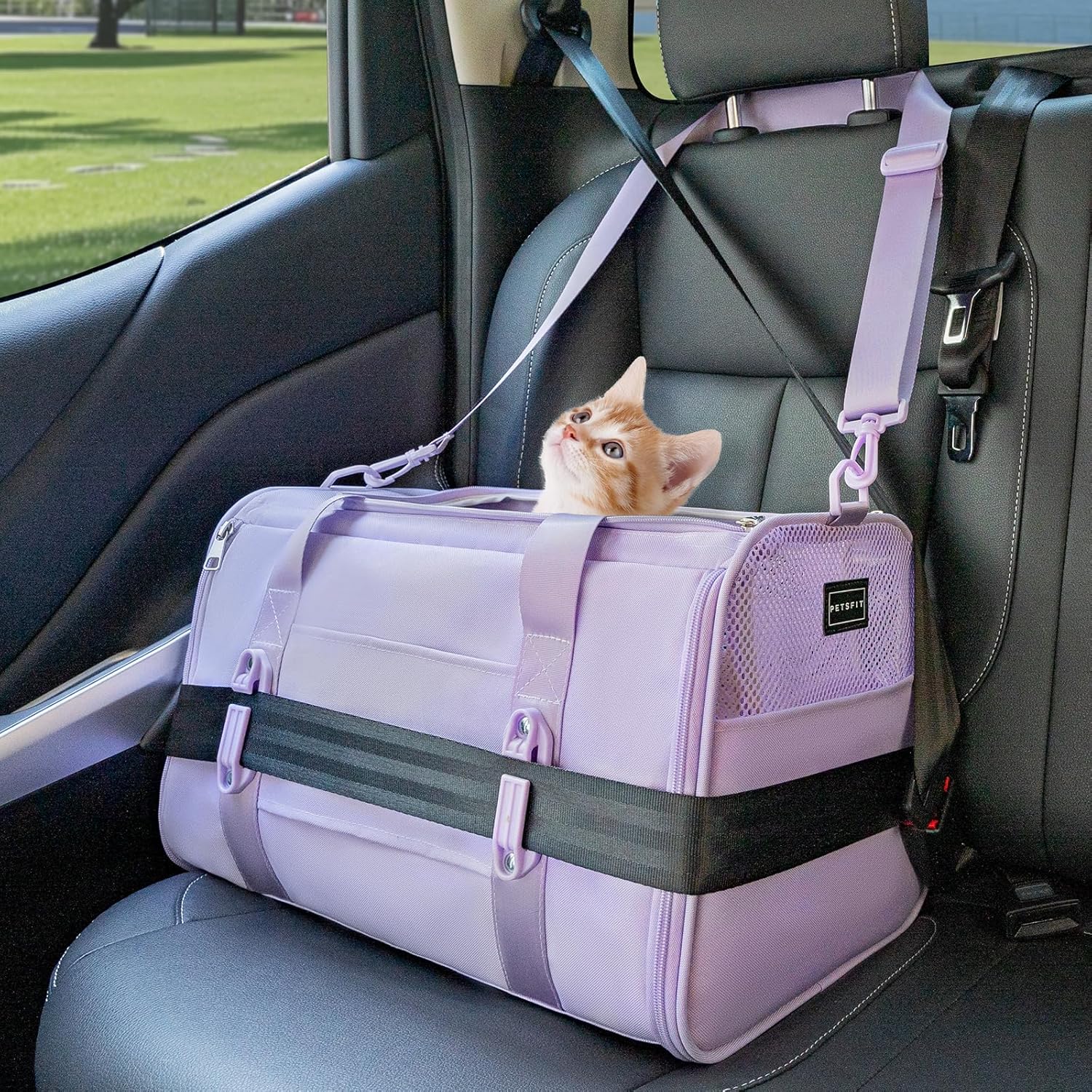 PETSFIT Soft-Sided Cat Carriers & Car Seats with Patent Safe Buckles, Clip-On Harness, 18"x11"x11" Airline Approved Pet Carrier - 9 lbs Capacity (Purple)