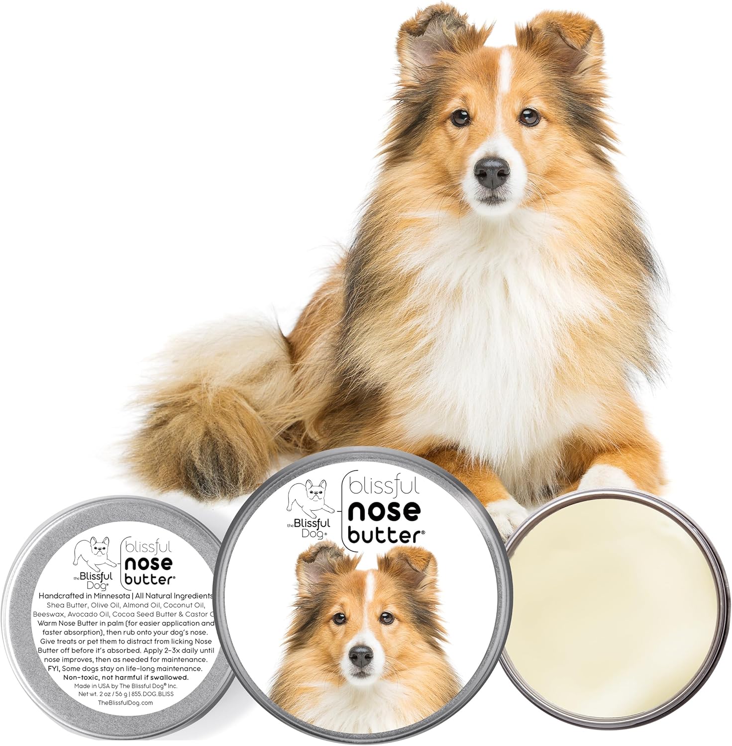 The Blissful Dog Shetland Sheepdog Nose Butter for Dry, Cracked Skin, Lick-Safe Dog Nose Balm with Moisturizing Shea Butter, Almond, Olive, and Essential Oils, Pet Supplies, Uncented, 1 oz.