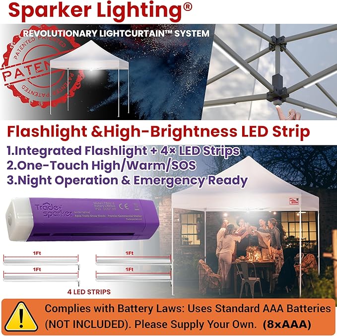 Tradesparker 10x10 Pop Up Canopy Tent,Commercial Movable Canopy with ApexCore LED & Rugged Casters-Instant Easy Setup Shelter Canopies with Weight Bags & Stakes for Oudoor Events Markets Vendors