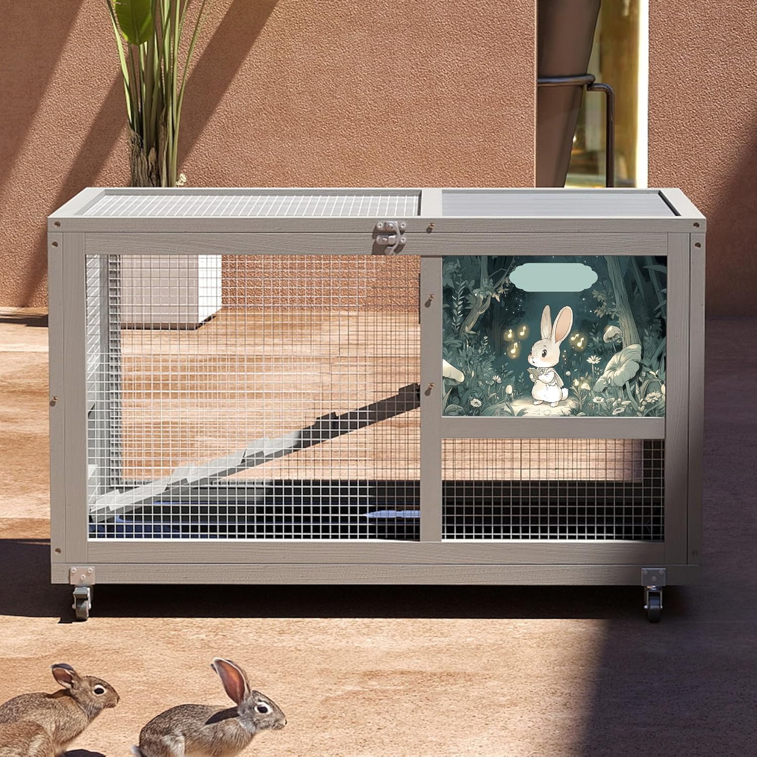 COZIWOW Fashionable Wood 36In Rabbit Hutch Indoor on Wheels Bunny Cage Outdoor Rabbit Cage with Clean Tray, Openable Roof, Anti-Slip Ramp for Small Bunny Rabbit (Grey with Pattern)