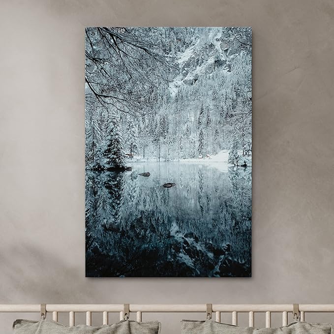 SIGNWIN Canvas Wall Art Woodland Nursery Decor Magical Winter Reflection Lake Nature Forest Photography Realism Rustic Scenic Dramatic Multicolor Cool for Living Room - 24"x36" inches