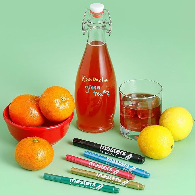 Washable Beverage Markers Set | Non-Toxic, Erasable Ink Writing on Cold Drinks, Bottles, Plastic Cups, Mirrors | 4 Assorted Metallics, 1 Black Oil-Based Pen, Sticker Labels, Metallic