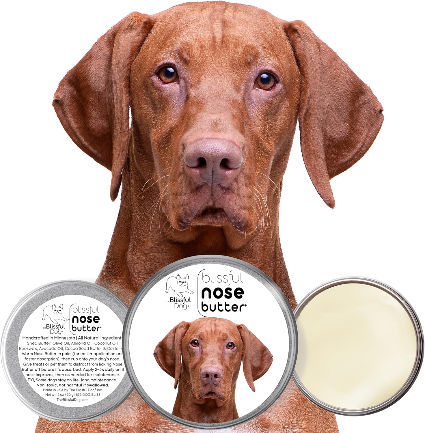 The Blissful Dog Vizsla Nose Butter for Dry, Cracked Skin, Lick-Safe Dog Nose Balm with Moisturizing Shea Butter, Almond, Olive, and Essential Oils, Pet Supplies, Uncented, 2 oz.