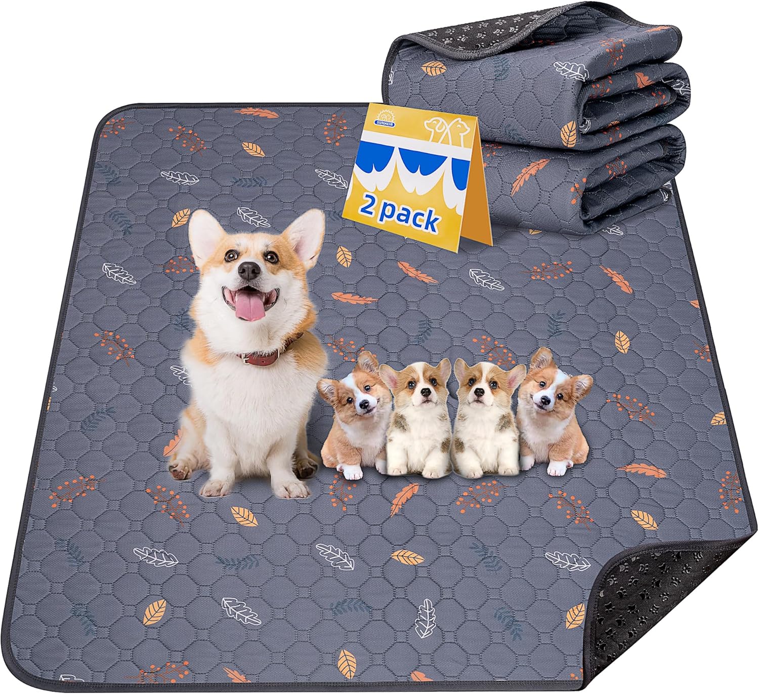 Sunheir Washable Pee Pads for Dogs 2-Pack Reusable Puppy Pads Pet Training Pads, Waterproof Dog Pee Pads for Crate, Whelping Pad, Non-Slip Protects Against Urine Leakage (Leaves - Deep Grey, 31x36)