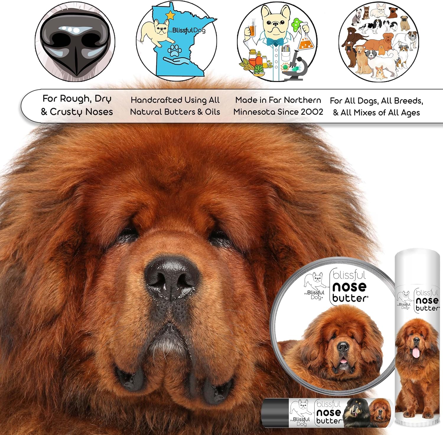 The Blissful Dog Tibetan Mastiff Nose Butter for Dry, Cracked Skin, Lick-Safe Dog Nose Balm with Moisturizing Shea Butter, Almond, Olive, and Essential Oils, Pet Supplies, Uncented, 0.50 oz.