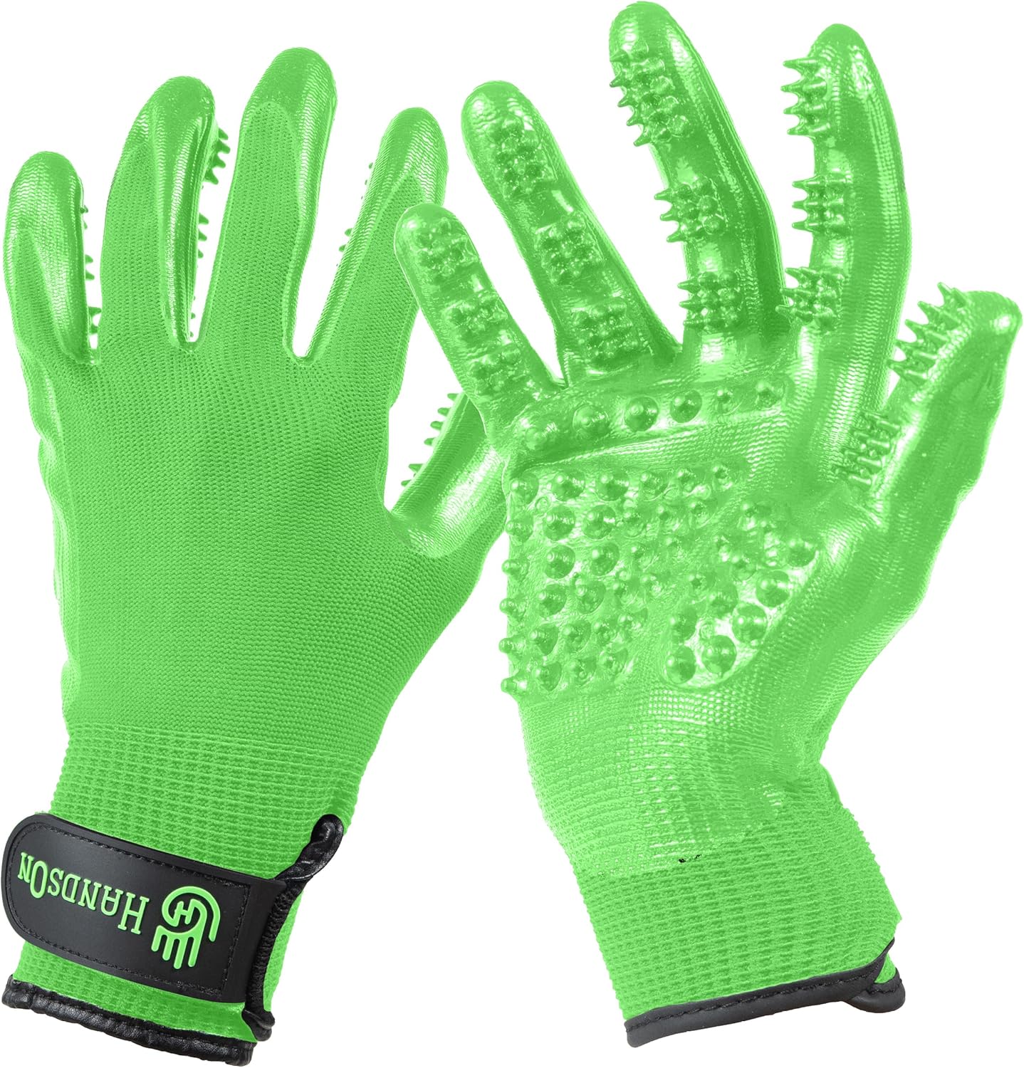 H HANDSON Pet Grooming Gloves - Patented #1 Ranked, Award Winning Shedding, Bathing, & Hair Remover Gloves - Gentle Brush for Cats, Dogs, and Horses (Mono Green, Large)