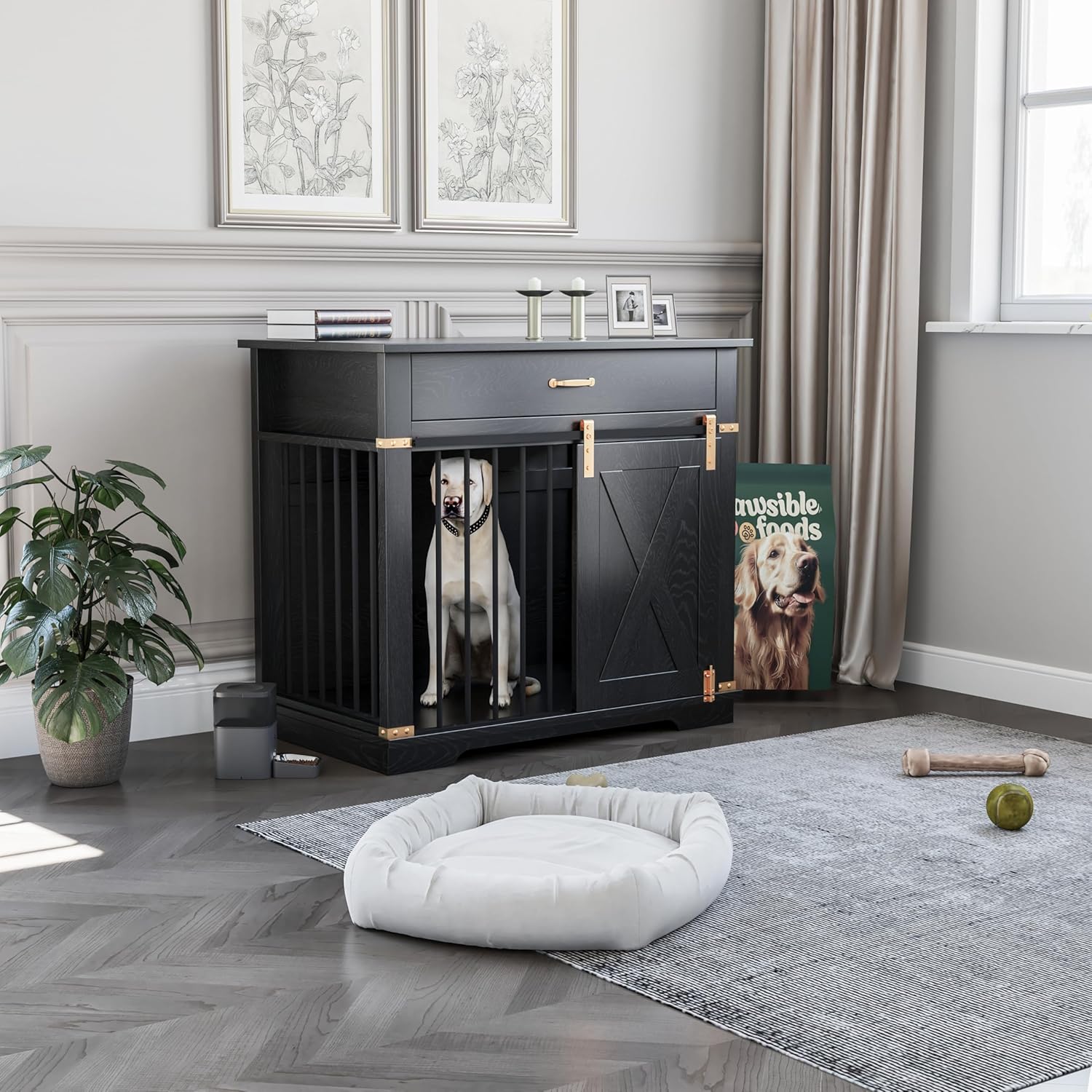 LZUUOB 37.8'' Dog Crate Furniture with Storage Drawer, Decorative Wooden Dog Kennel with Sliding Barn Door, Indoor Water Resistant Cage for Pet, Small, Medium, Large Dog (Black Gold Oak)