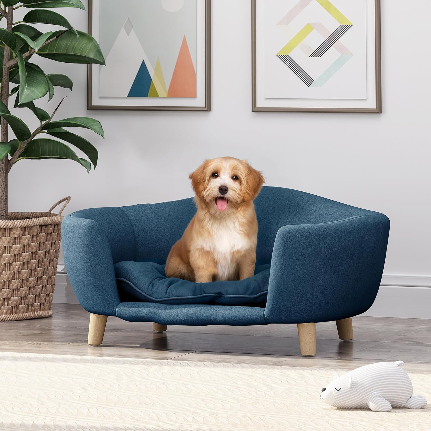 Christopher Knight Home Elroy Orthopedic Dog Bed, Elevated Dog Sofa Bed for Small Dog, Supportive Foam Pet Couch Bed with Wooden Legs, Modern Pet Sofa Bed, Navy Blue