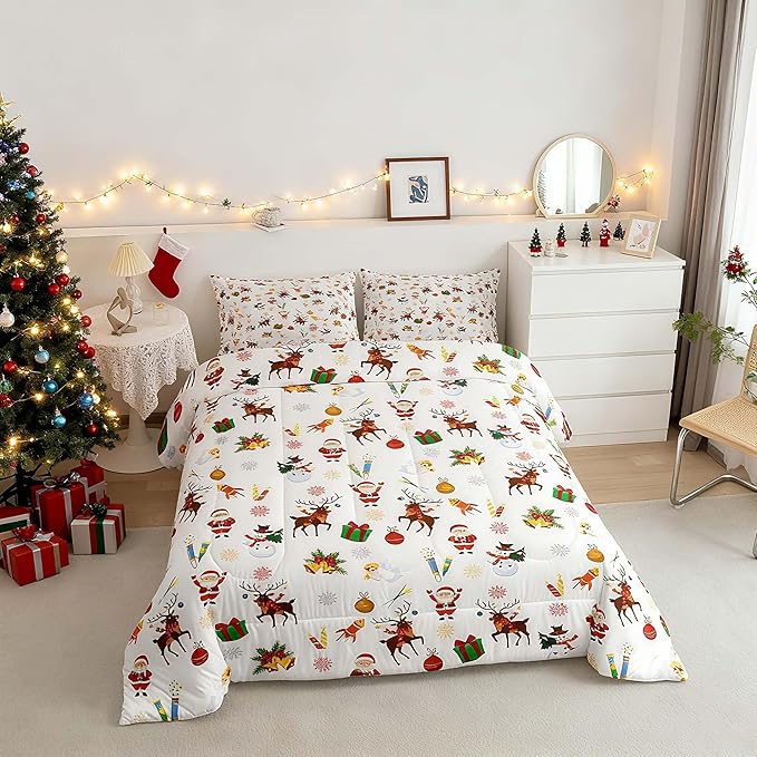 Feelyou Christmas Kids Comforter Set Cute Snowman Santa Claus Bedding Set Boys Girls Cute Reindeer Bells Cartoon Design Quilt Collection 3Pcs King Size