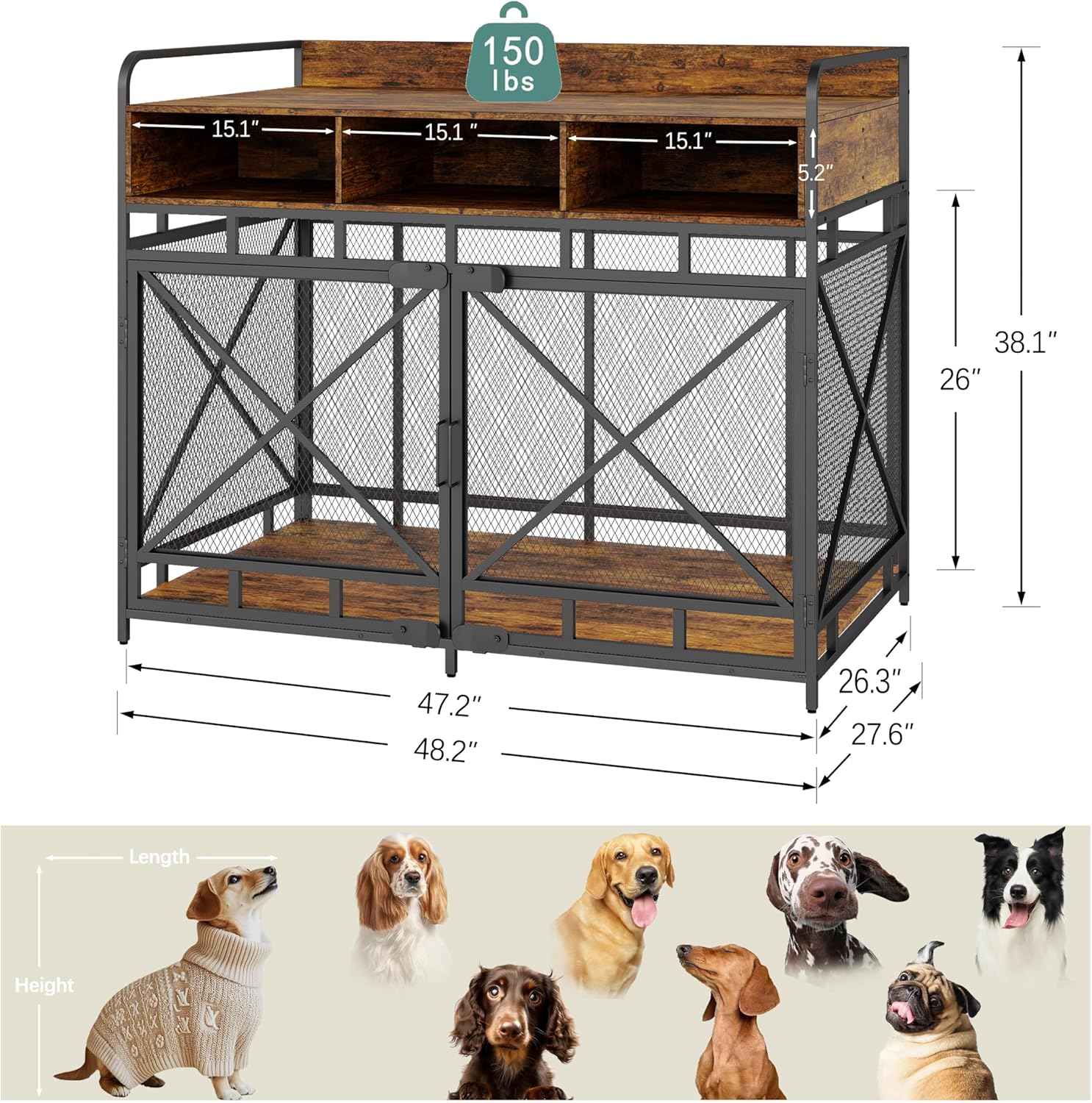 Dog Crate Furniture, 48" Heavy Duty Wooden Dog Crate End Table, XL Dog Kennel Furniture Large Breed, Decorative Dog Kennel Indoor with 3 Drawers & Steel Tubes 48" L x28 W x38 H (Rustic Brown)