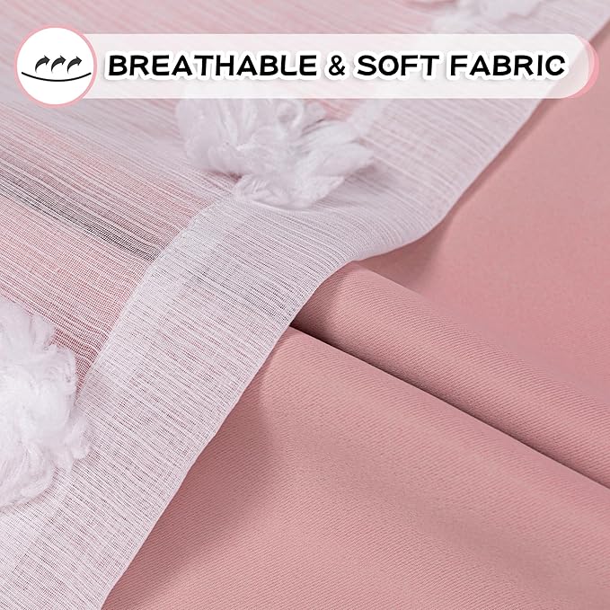 MYSKY HOME Double Layer Curtains for Girls Bedroom Kids Curtain White Pom Pom Sheer Window Curtains 2 Panels Pink Curtains Grommet Room Darkening Solid Nursery Curtains 63 Inches Length, W52 X L63