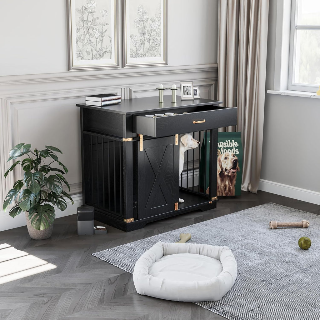 LZUUOB 37.8'' Dog Crate Furniture with Storage Drawer, Decorative Wooden Dog Kennel with Sliding Barn Door, Indoor Water Resistant Cage for Pet, Small, Medium, Large Dog (Black Gold Oak)