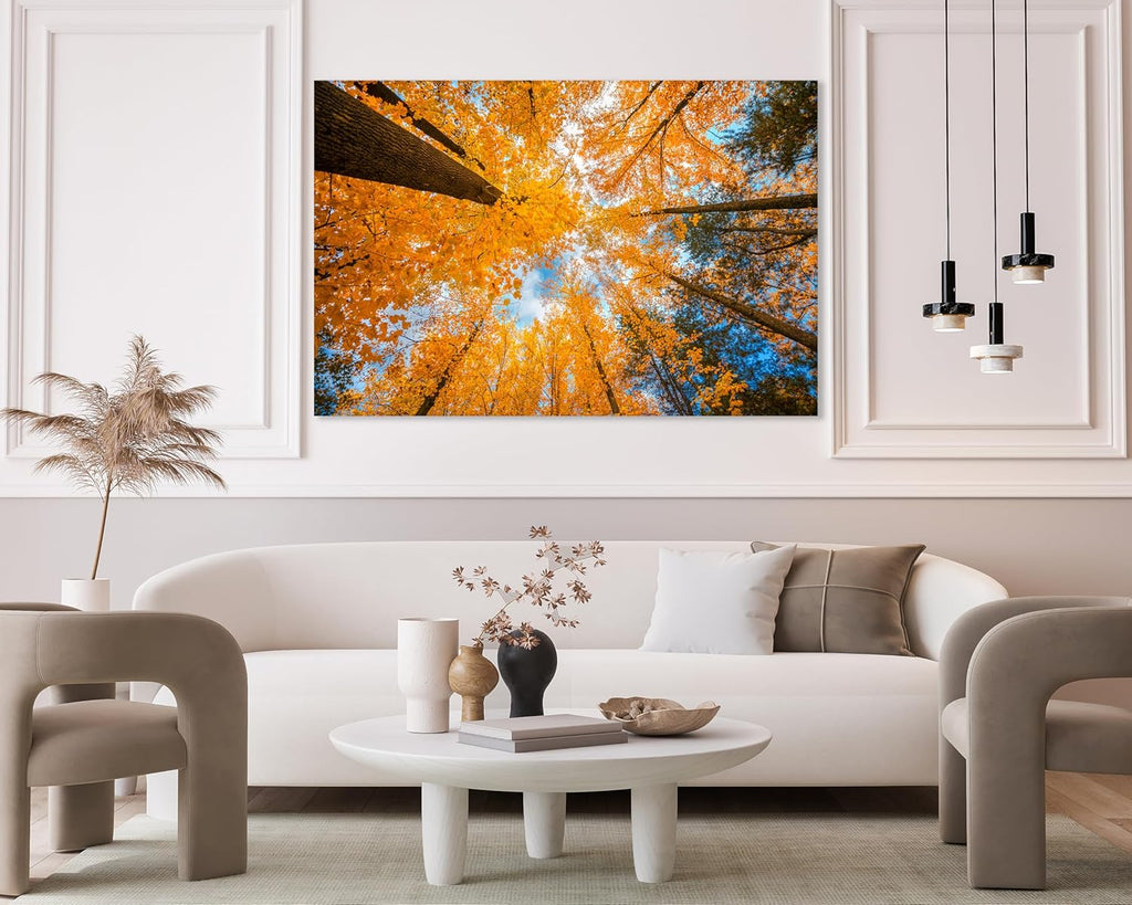 Nature Wall Art Prints - Ocean Forest Mountain Lake Canvas Landscapes - Small to Extra Large Living Room Bedroom Kitchen Bathroom Décor (Blue Sky Through Yellow Autumn Trees, 28L" x 41W")