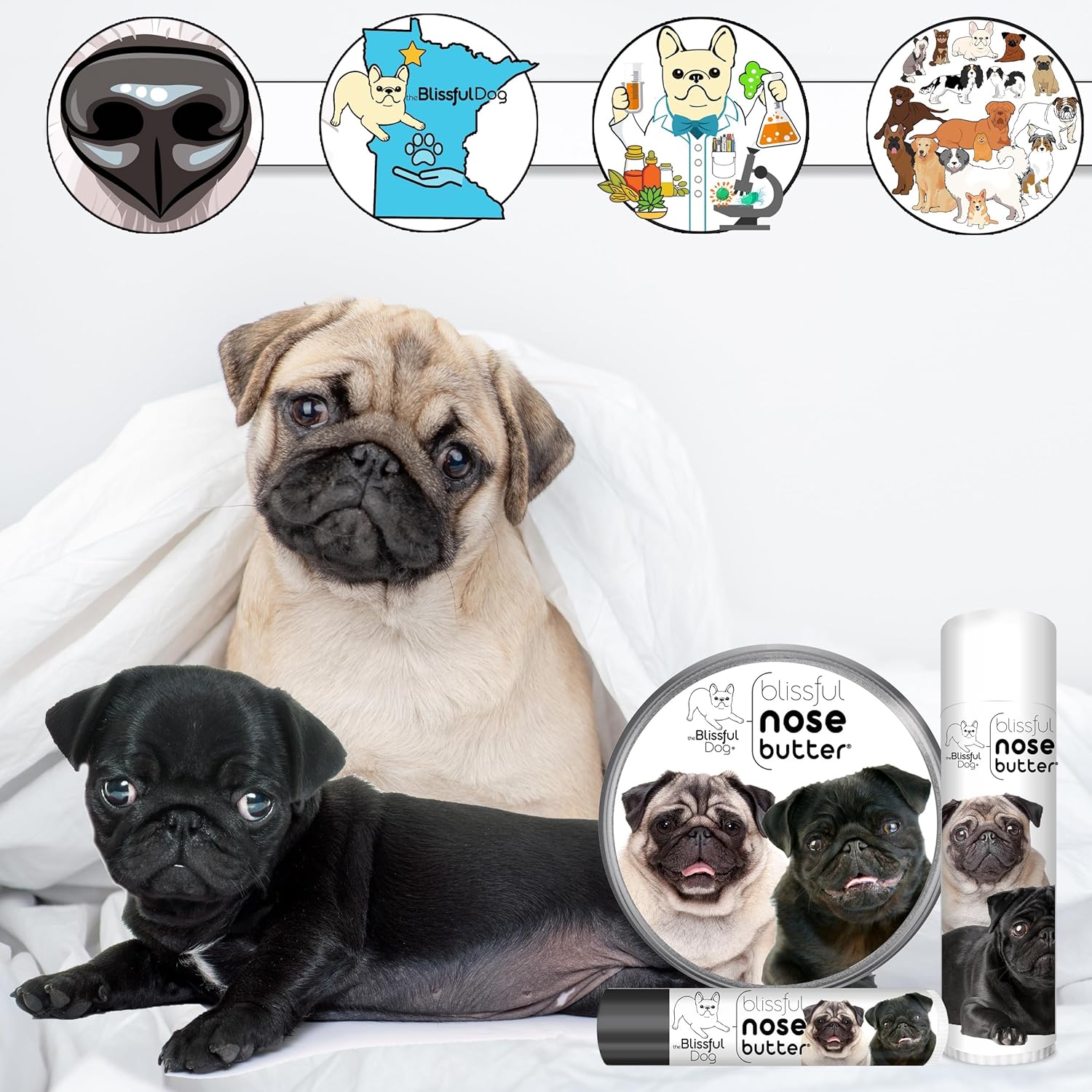 The Blissful Dog Pug Duo Unscented Nose Butter - Dog Nose Butter, 2 Ounce