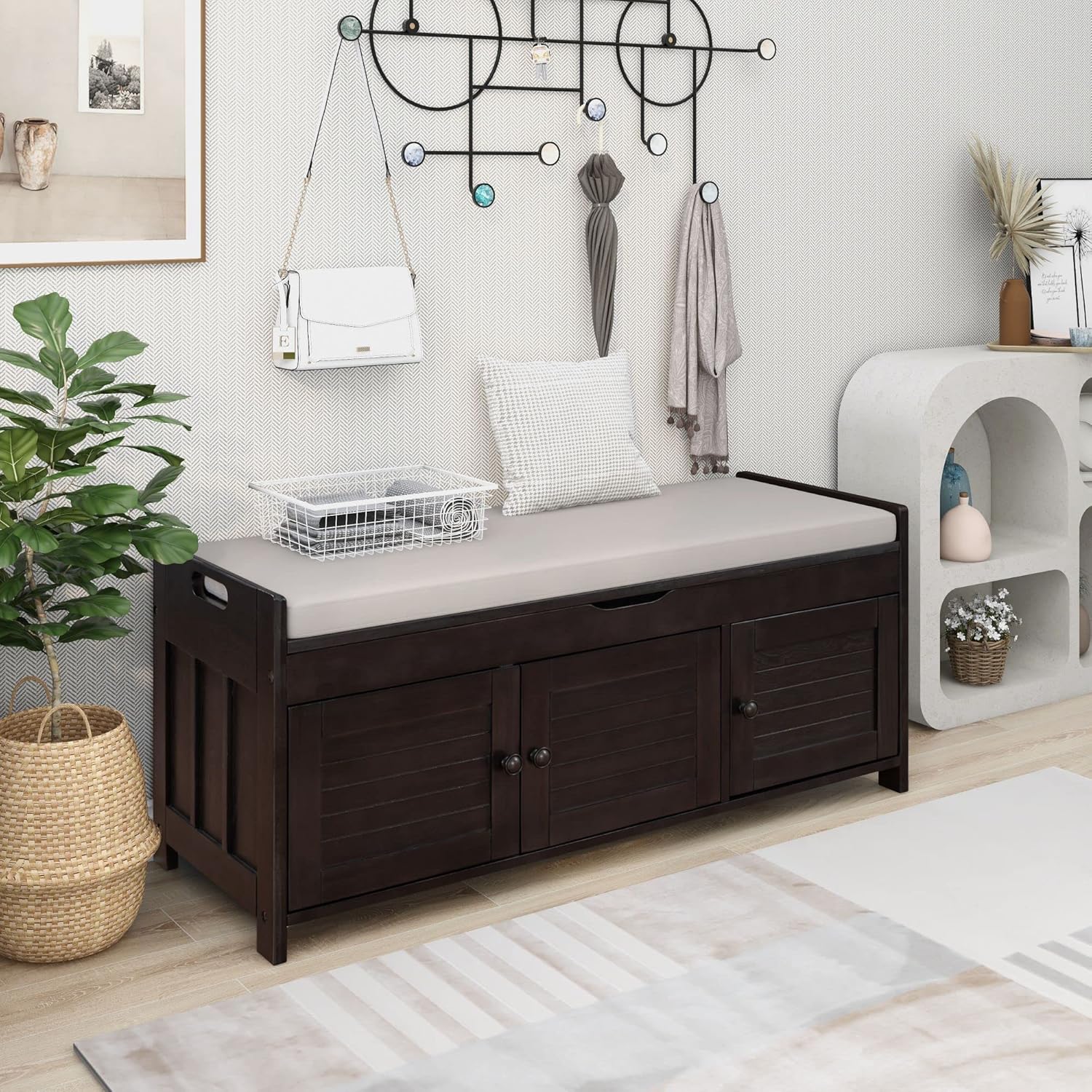 Shoe Storage Bench with 3 Shutter-Shaped Doors, Pine Wood Shoe Bench with Removable Cushion and Hidden Storage Space for Living Room, Entryway 43.5" L x 16" W x 18" H Espresso