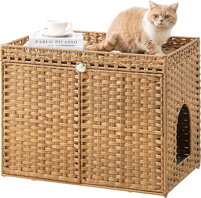 SETVSON Cat Litter Box Enclosure Furniture, Handwoven Rattan Hidden Litter Box by SETVSON