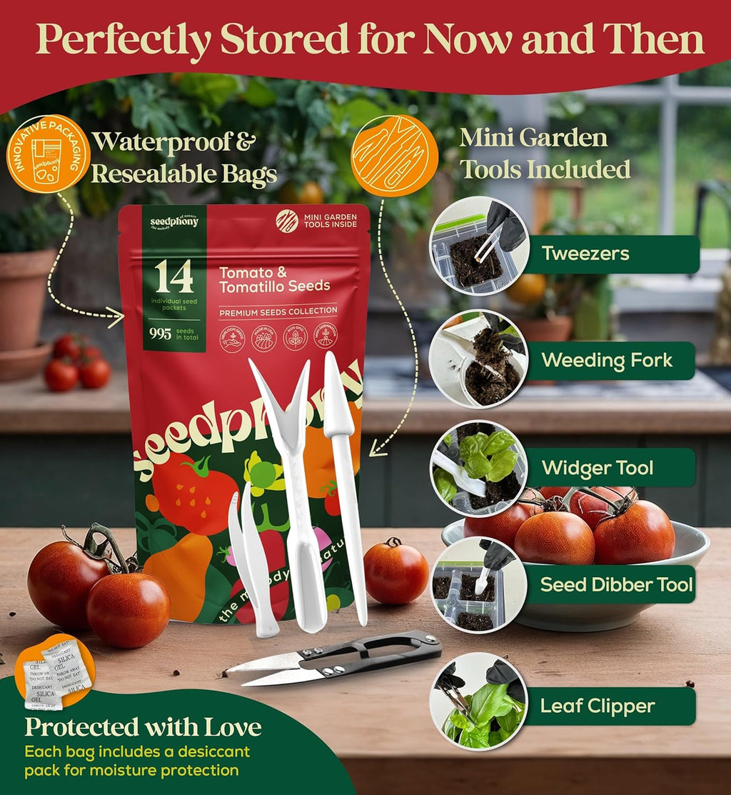 14 Tomatillo & Tomato Seeds for Planting Variety Pack - 990+ Non-GMO Heirloom Vegetable Seeds for Growing Tomato Indoor & Outdoor: Cape Gooseberry, Cherry, Flame, Roma, Beefsteak Tomatoes