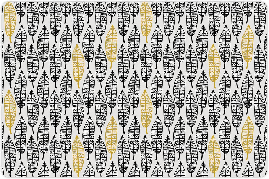 Lunarable Aztec Pet Mat for Food and Water, Modern Graphic of Ornate Hand Drawn Style Old Feather Form with Aztec Lines Print, Non-Slip Rubber Mat for Dogs and Cats, 18" X 12", Charcoal Yellow