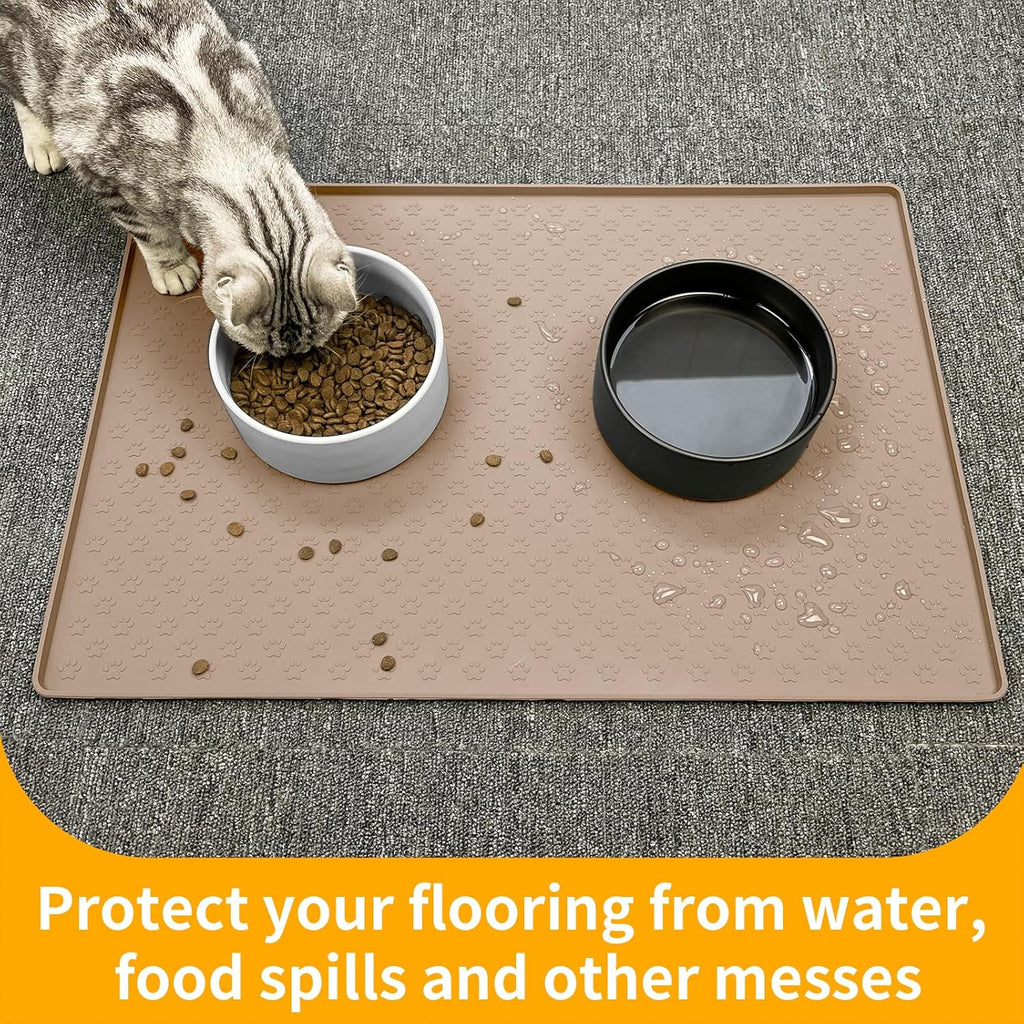 Ptlom Silicone Dog Food Mat Waterproof Pet Feeding Mat with High-Lips, Anti-Slip Dog Bowl Mat for Food & Water, Non-Spill Puppy Feeding Tray for Small, Medium & Large Dogs and Cats, Taupe