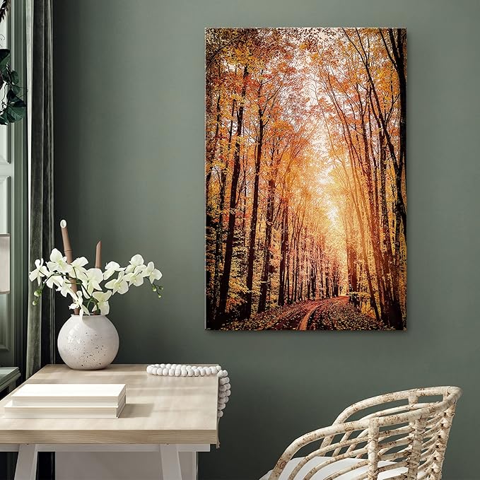 SIGNWIN Canvas Print Wall Art Rustic Trail Red Autumn Forest Nature Wilderness Photography Modern Art Farmhouse/Country Landscape Colorful Multicolor Ultra for Living Room, Bedroom, Office - 12x18