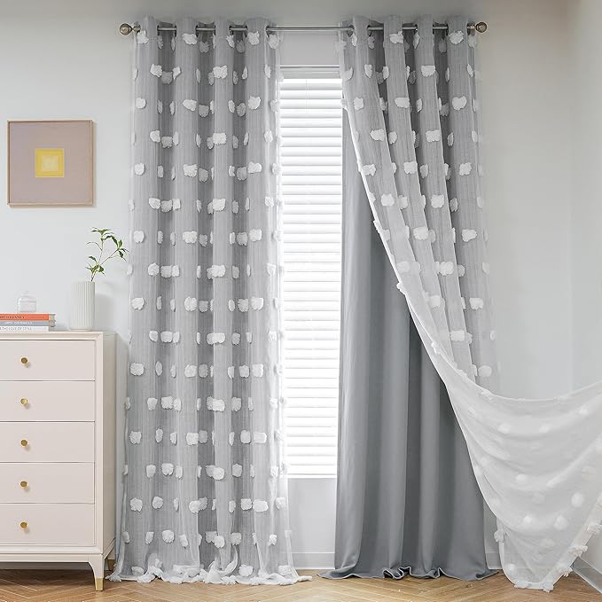 MYSKY HOME 95 Inch Long Living Room Curtains Double Layer Grey Blackout Curtains for Boys Bedroom White Pom Pom Sheer Curtains for Kids Room Darkening Grommet Top Nursery Window Panels 52 x 95 in