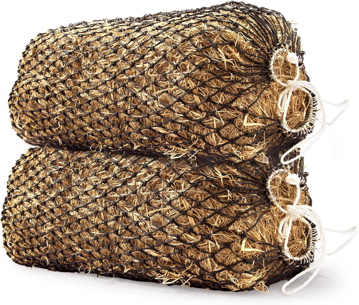 Bloomoak Slow Hay Net Feeder for Horses, Durable Soft Black PE 2/3 String Hay Bales Bags, Fit 36x18x18 to 47x25x17 Inches, Extends 50-64 Inches (2 1.6" Hole/2PC)