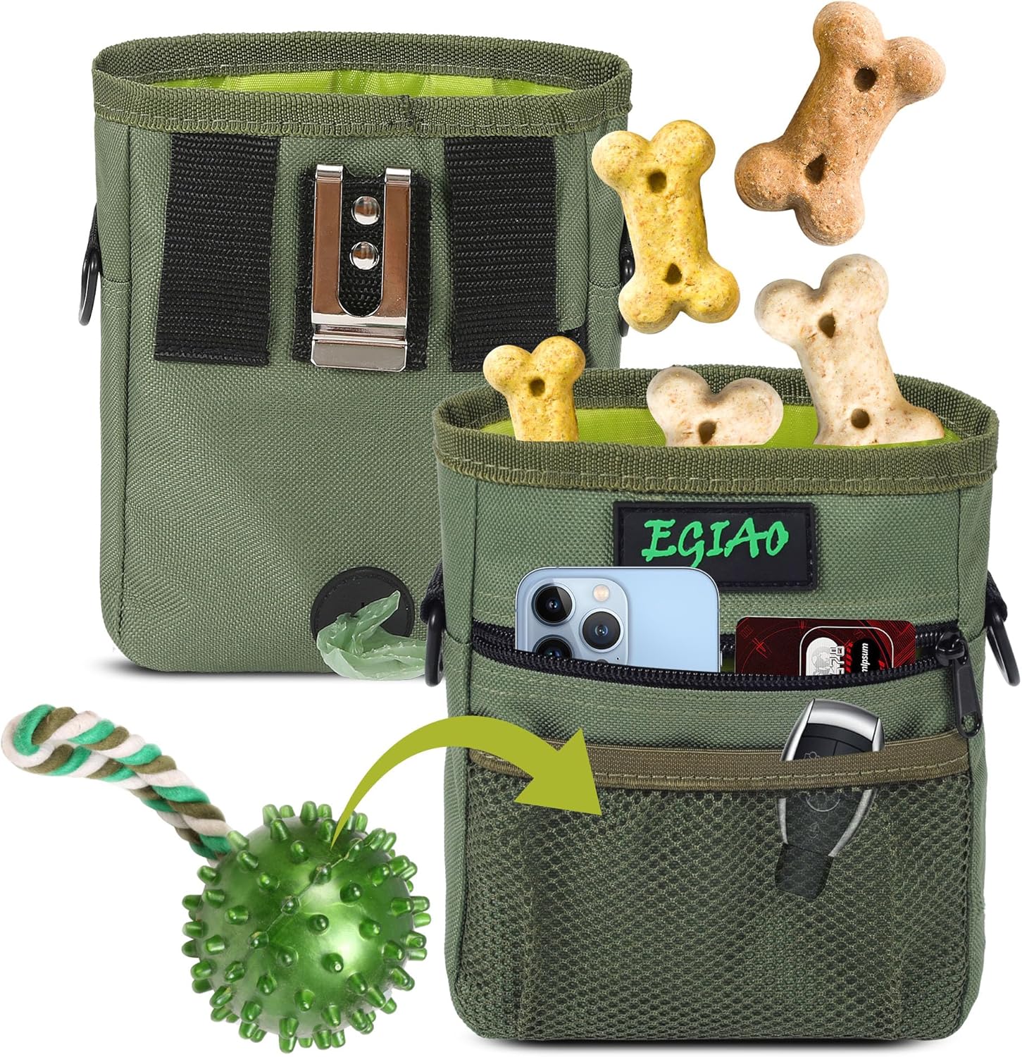 Dog Treat Pouch with Collapsible Dog Bowl, Training Clicker and Poop Bags, Treat Pouches for Pet Training, Magnetic Closure, Built-in Poop Bag Dispenser, Waist Belt Clip, Puppy Treat Bag - Green