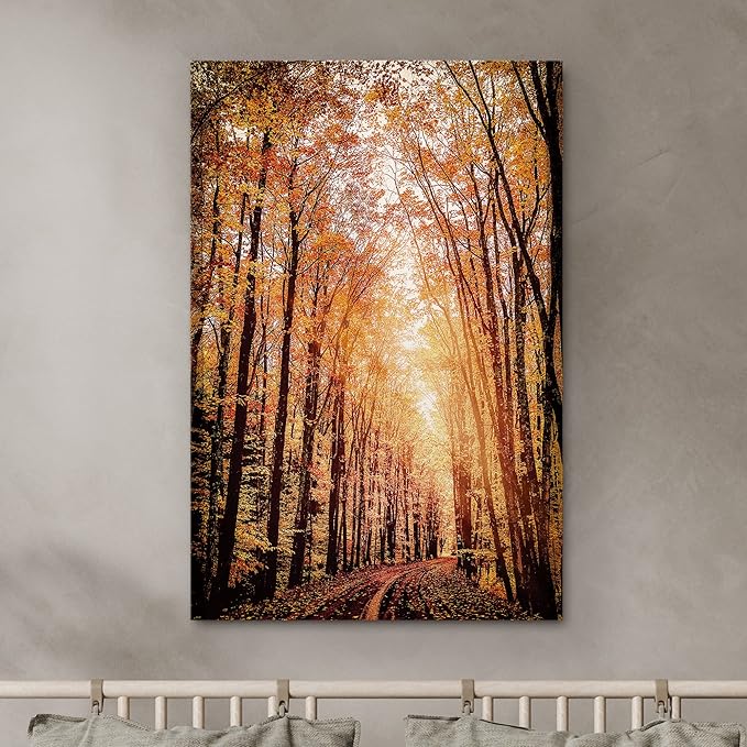SIGNWIN Canvas Print Wall Art Rustic Trail Red Autumn Forest Nature Wilderness Photography Modern Art Farmhouse/Country Landscape Colorful Multicolor Ultra for Living Room, Bedroom, Office - 24x36
