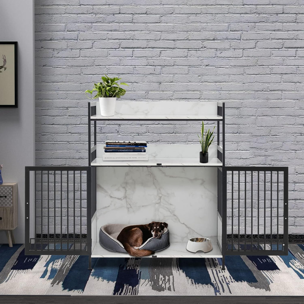 MCombo Furniture Style Dog Crate with Storage Shelves, Heavy Duty Wooden Dog Cage End Table, Triple Doors Pet House Indoor, 1368 (White)