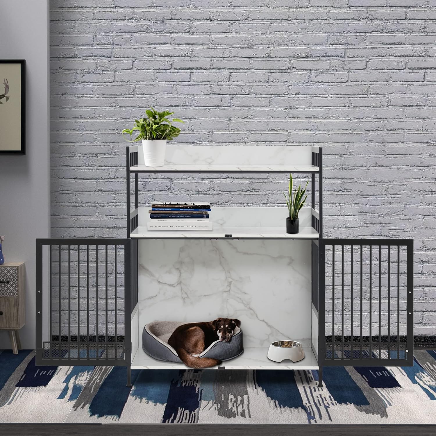 MCombo Furniture Style Dog Crate with Storage Shelves, Heavy Duty Wooden Dog Cage End Table, Triple Doors Pet House Indoor, 1368 (White)