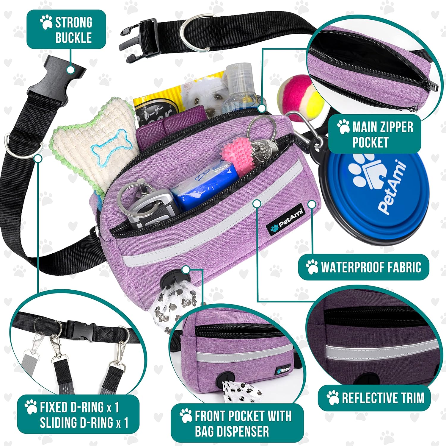 PetAmi Hands Free Dog Leash, Dog Running Leash Belt for Walking Jogging, Dog Waist Zipper Pouch Fanny Pack with Poop Bag Dispenser, Dual Padded Handle Bungee Leash for Small Medium Large Dogs, Single