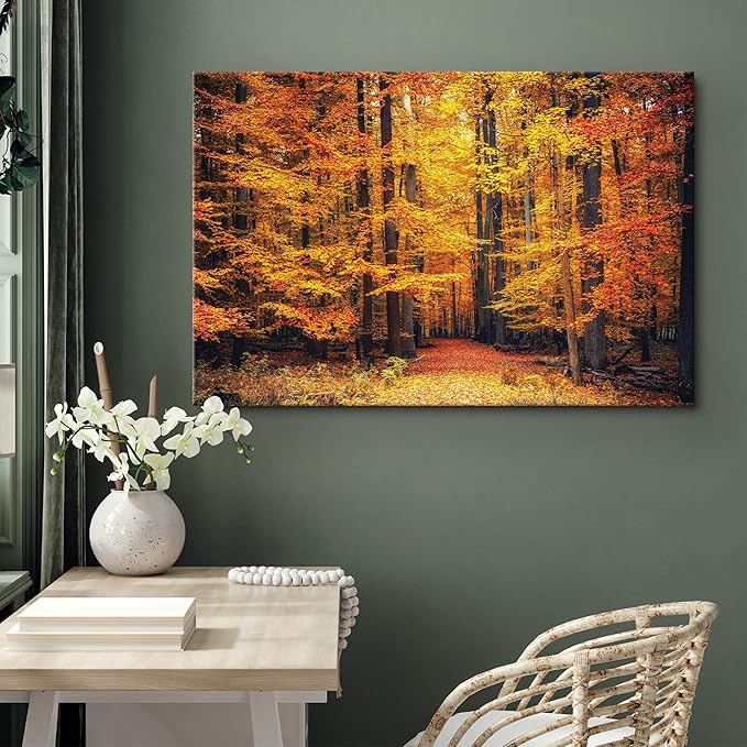 SIGNWIN Canvas Print Wall Art Golden Red Autumn Tree Leaf Forest Trail Nature Wilderness Photography Modern Art Rustic Landscape Relax/Calm Multicolor for Living Room, Bedroom, Office - 12x18