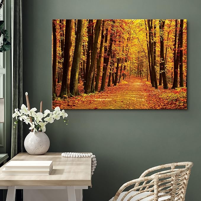 SIGNWIN Canvas Print Wall Art Walk Through Red Yellow Leaf Autumn Forest Nature Wilderness Photography Modern Art Rustic Landscape Relax/Calm Multicolor for Living Room, Bedroom, Office - 12x18