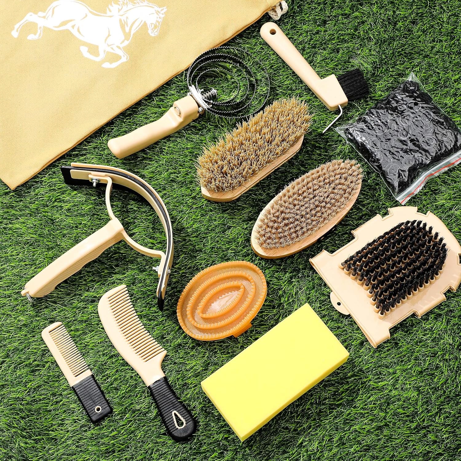 Abbylike 12 Pieces Horse Grooming Kit Racing Festival Tack Room Supplies Horse Brush Sets Equine Care Cleaning Kit Shedding Grooming Massaging Tools(Khaki)