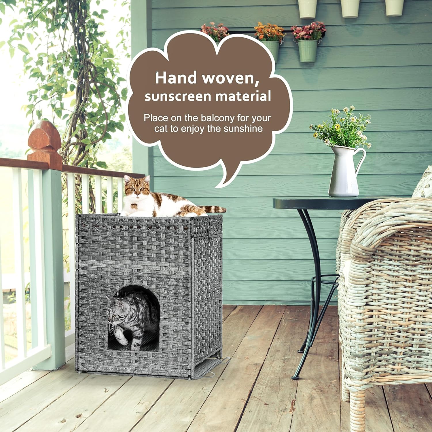 Cat Litter Box Enclosure with Soft Litter Mat; Hidden Kitten Washroom Furniture with Door; Handwoven Rattan Cat House; Pet Crate for Living Room, Bedroom, Balcony (Grey)