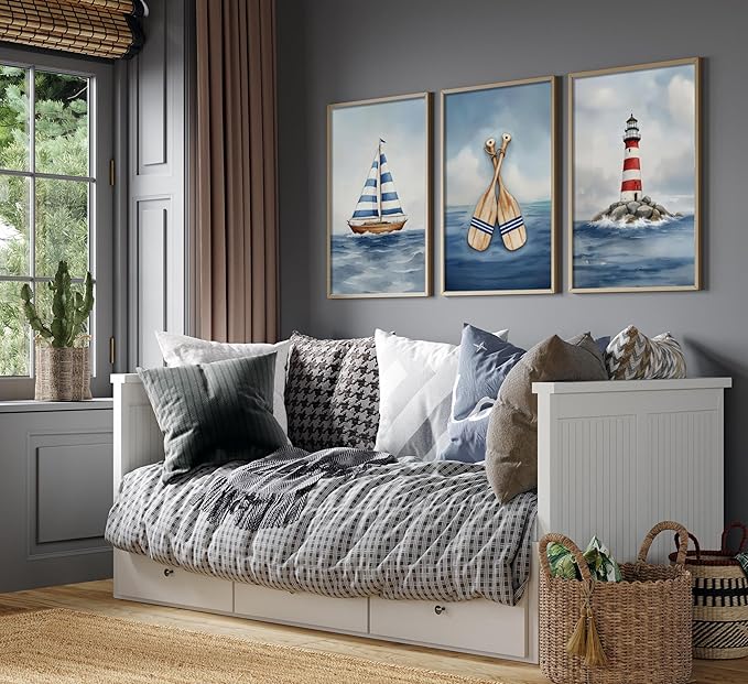 SEINEMBSC Blue Nautical Nursery Wall Art Vintage Sailboat Lighthouse Pictures Wall Decor Boy Coastal Posters Navy Sea Ocean Canvas Print Artwork for Kids Boys Room Playroom Bedroom Decor, Unframed