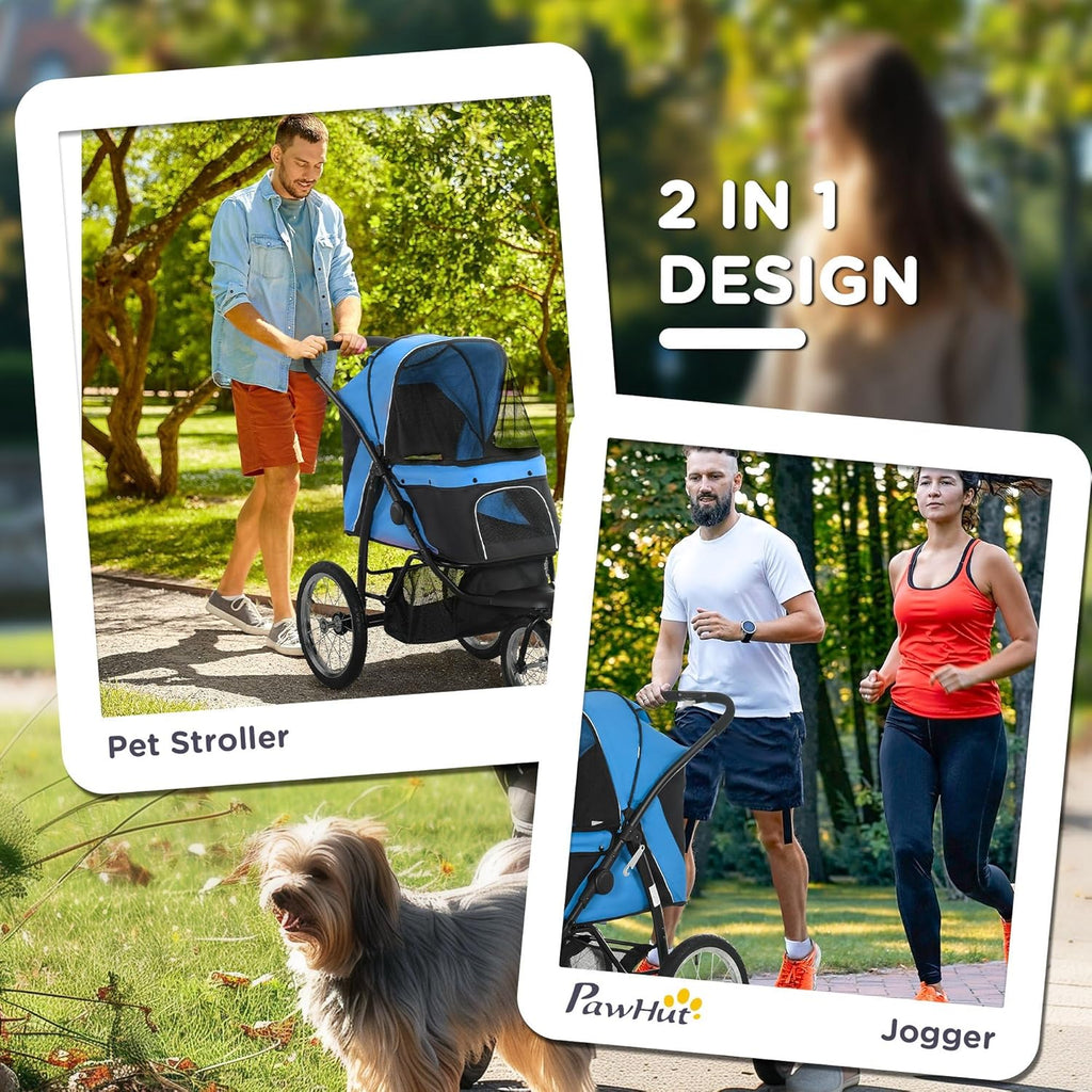 PawHut 3 Wheels Pet Stroller for Small and Medium Dogs, Foldable Cat Stroller Jogger with Adjustable Canopy, Safety Tether, Cushion, Storage Basket, Blue