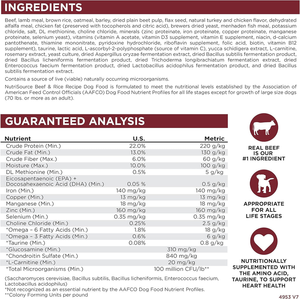 NutriSource Dog Food, Made with Beef and Brown Rice, Wholesome Grains, 5LB, Dry Dog Food
