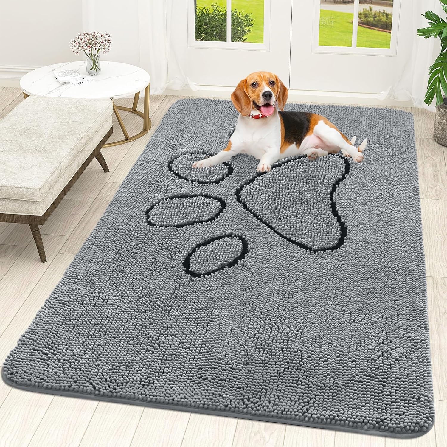 OLANLY Door Mat for Muddy Dog Paws 70x46, Ultra Absorbent Chenille Mud Doormat with Paw Print Design, Non-Slip Washable Doormat for Indoor Entryway, Quick-Dry Pet Bed Mats for Dirty Dogs, Grey