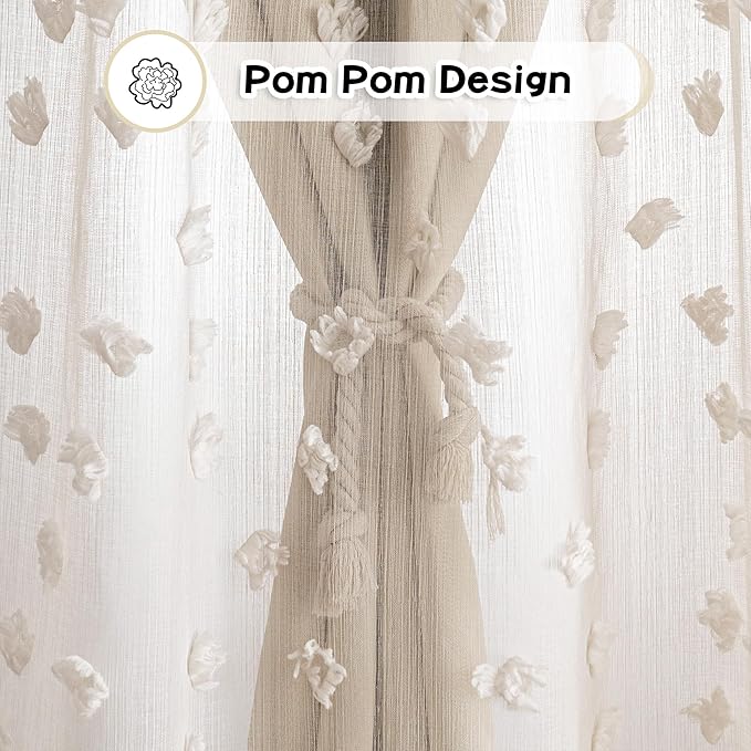 MYSKY HOME Beige Curtains for Bedroom 72 Inches Long Nursery Curtains Pom Pom Beige Sheer Curtains for Girls Room Double Layer for Toddler Bedroom Grommet Room Darkening Window Panels 52 x 72 Inch