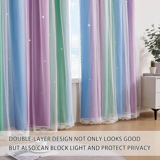 XiDi Girls Curtains for Bedroom 96 Inches Long 2 Panels Green Purple Blue Rainbow Blackout Curtains for Little Girl Kids Room Decor Living Room, Princess Unicorn Wall Decals Drapes 52x84