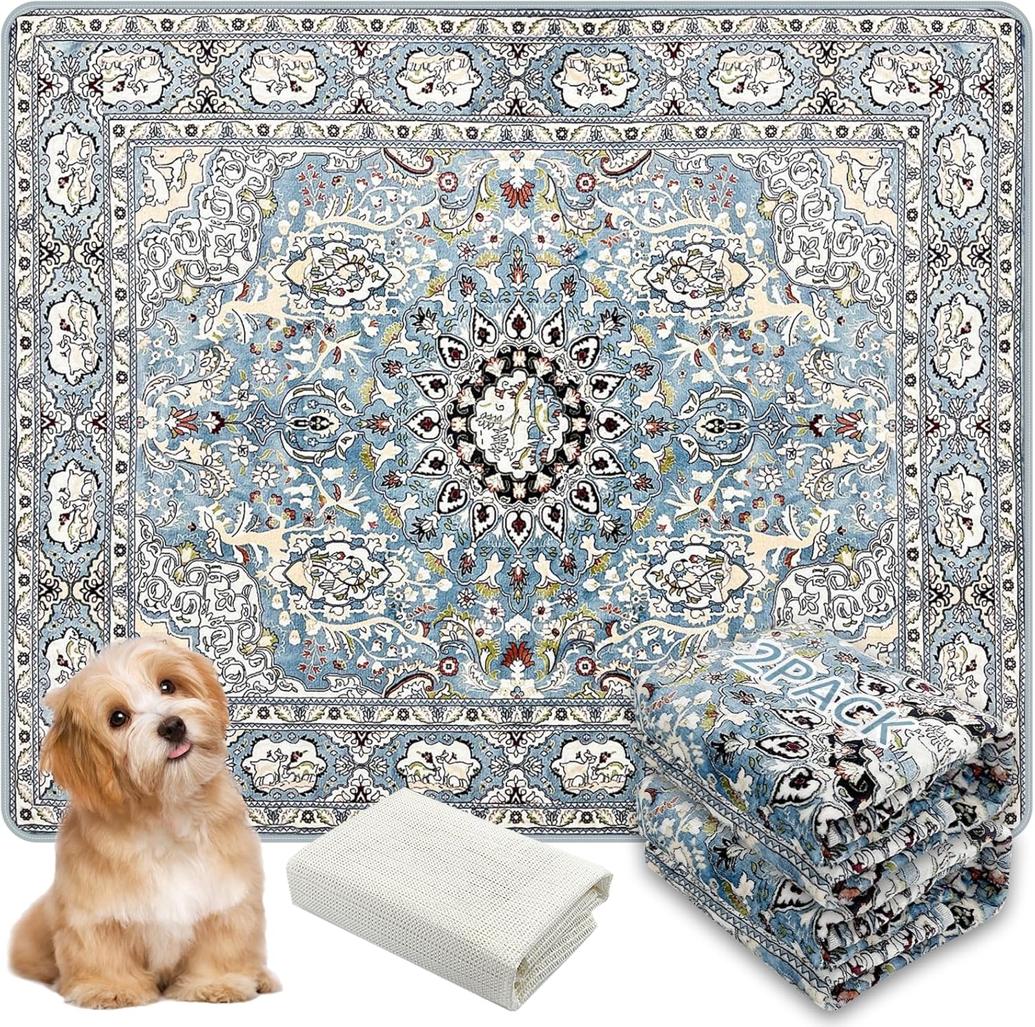 Washable Pee Pads for Dogs, (2 Pack, 36"x42") Upgrade Reusable Puppy Pads with Non-Slip Rug Pad, Super Thickening Absorbent Leakproof Dog Traning Pads Whelping Pad for Dogs, Doggie(Blue-2)