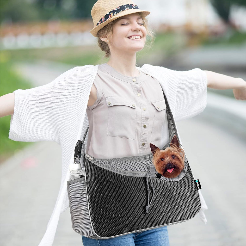 PetAmi Small Dog Sling Carrier, Soft-Sided Crossbody Puppy Carrying Purse Bag, Adjustable Sling Pet Pouch to Wear Medium Dog Cat Travel, Dog Bag for Traveling, Poop Bag Dispenser, Max 10 lbs, Gray