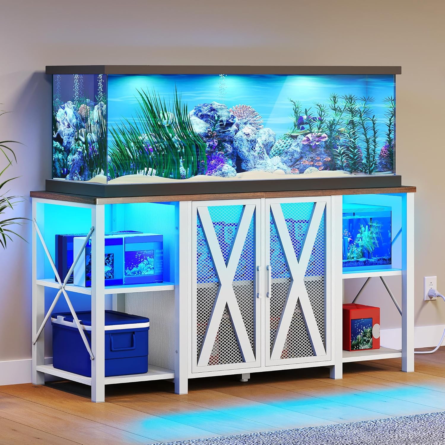 YITAHOME 90-120 Gallon Reptile Tank Stand with Power Outlet & LED Light, Heavy Duty Aquarium Stand with Accessories Storage Cabinet - Metal Fish Tank Stand for Turtle, Reptile, 2000LBS Capacity, White