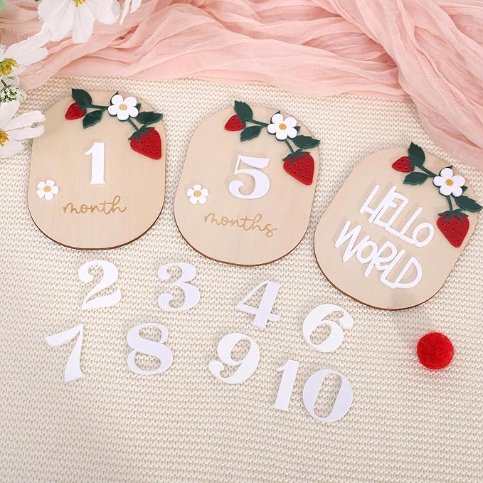 Strawberry Monthly Milestone Cards – Berry Sweet Baby Photo Props, Wooden Newborn Welcome Sign, 3 PCS Wooden and Acrylic Monthly Milestone and Hello World Boards, Month Growth Markers