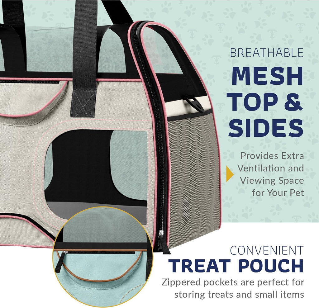 Katziela Pet Carrier - Airline Compliant Dog Carrier - TSA Approved Pet Carrier for Small Dogs and Cats - Soft FAA Travel Airplane Dog Carrier Luggage (Gray/Pink-6 Wheels)