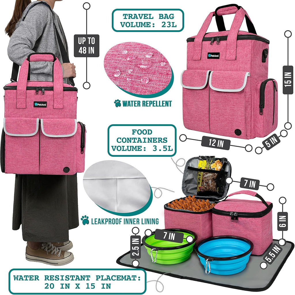 PetAmi Dog Travel Bag Pet Supplies Accessories Organizer for Traveling, Camping, Weekend; Cat Pet Travel Bag Kit Includes 2 Food Storage Containers, 2 Collapsible Bowls, 1 Feeding Mat (Pink)