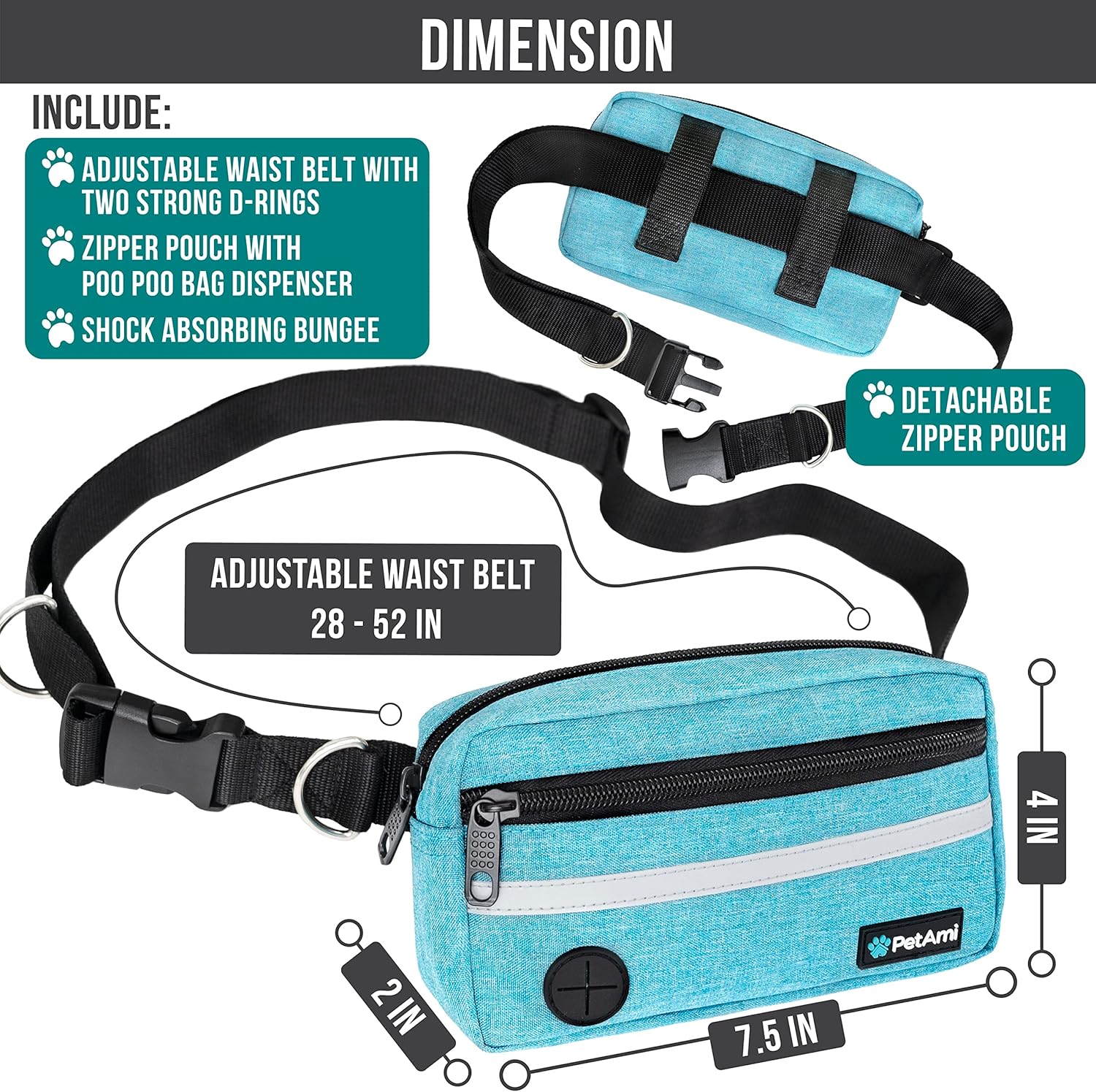 PetAmi Hands Free Dog Leash, Running Leash Belt for Walking, Jogging, Waist Zipper Pouch with Poop Bag Dispenser, Dual Padded Handles, Reflective Durable Bungee Single, Turquoise, 1