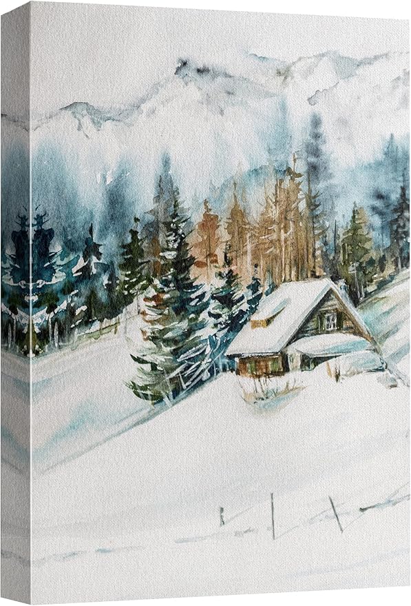 SIGNWIN Canvas Print Wall Art Woodland Nursery Decor Log Cabin Winter Snow Mountain Forest Nature Illustrations Modern Art Decorative Landscape Colorful for Living Room, Bedroom, Office - 24"x36"